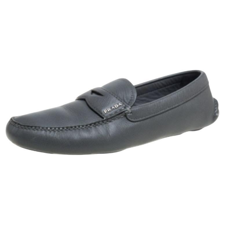 Prada Grey Leather Slip On  Loafers Size 41 For Sale