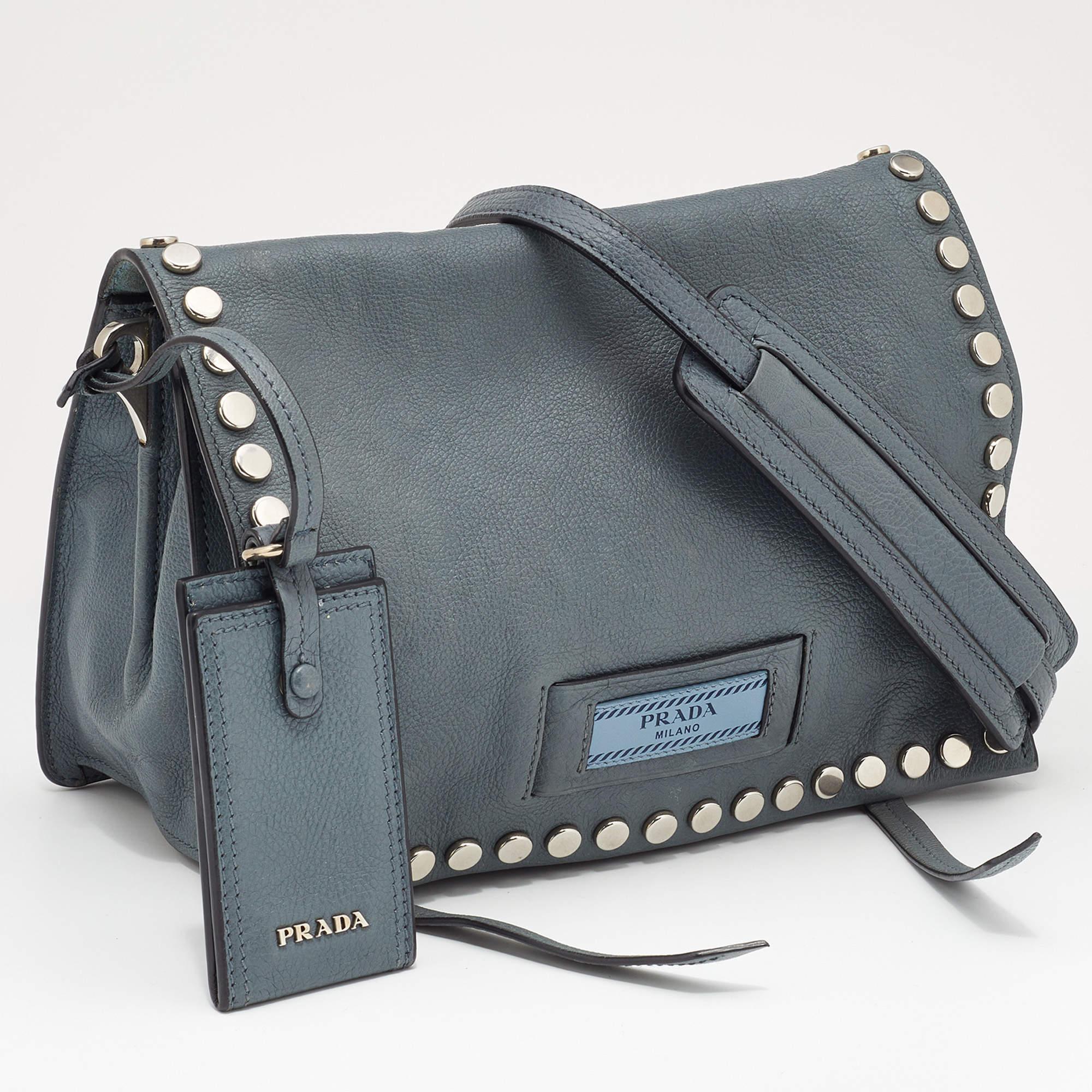 Gray Prada Grey Leather Studded Etiquette Crossbody Bag