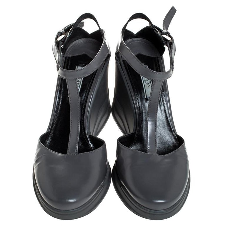 Prada Grey Leather T- Strap Carved Rubber Wedge Sandals Size 40 at ...