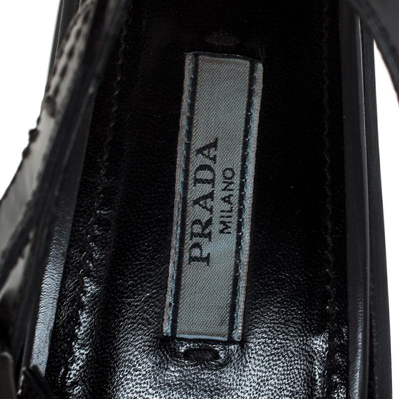 Black Prada Grey Leather T- Strap Carved Rubber Wedge Sandals Size 40