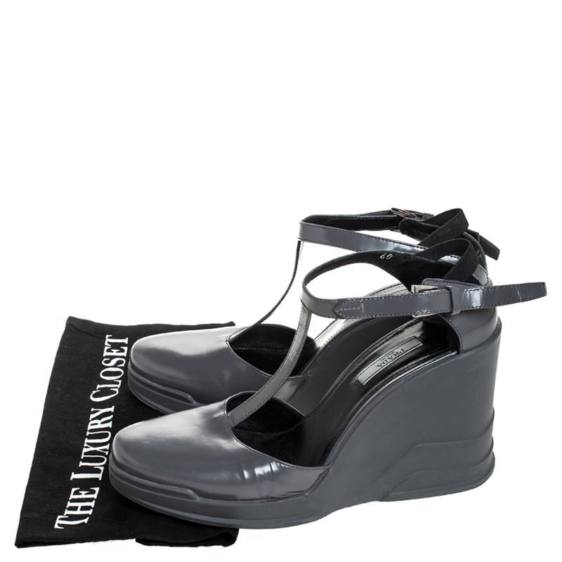 Women's Prada Grey Leather T- Strap Carved Rubber Wedge Sandals Size 40