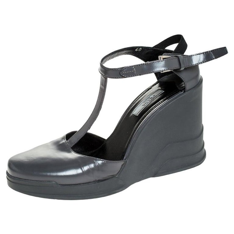 Prada Grey Leather T- Strap Carved Rubber Wedge Sandals Size 40 at 1stDibs