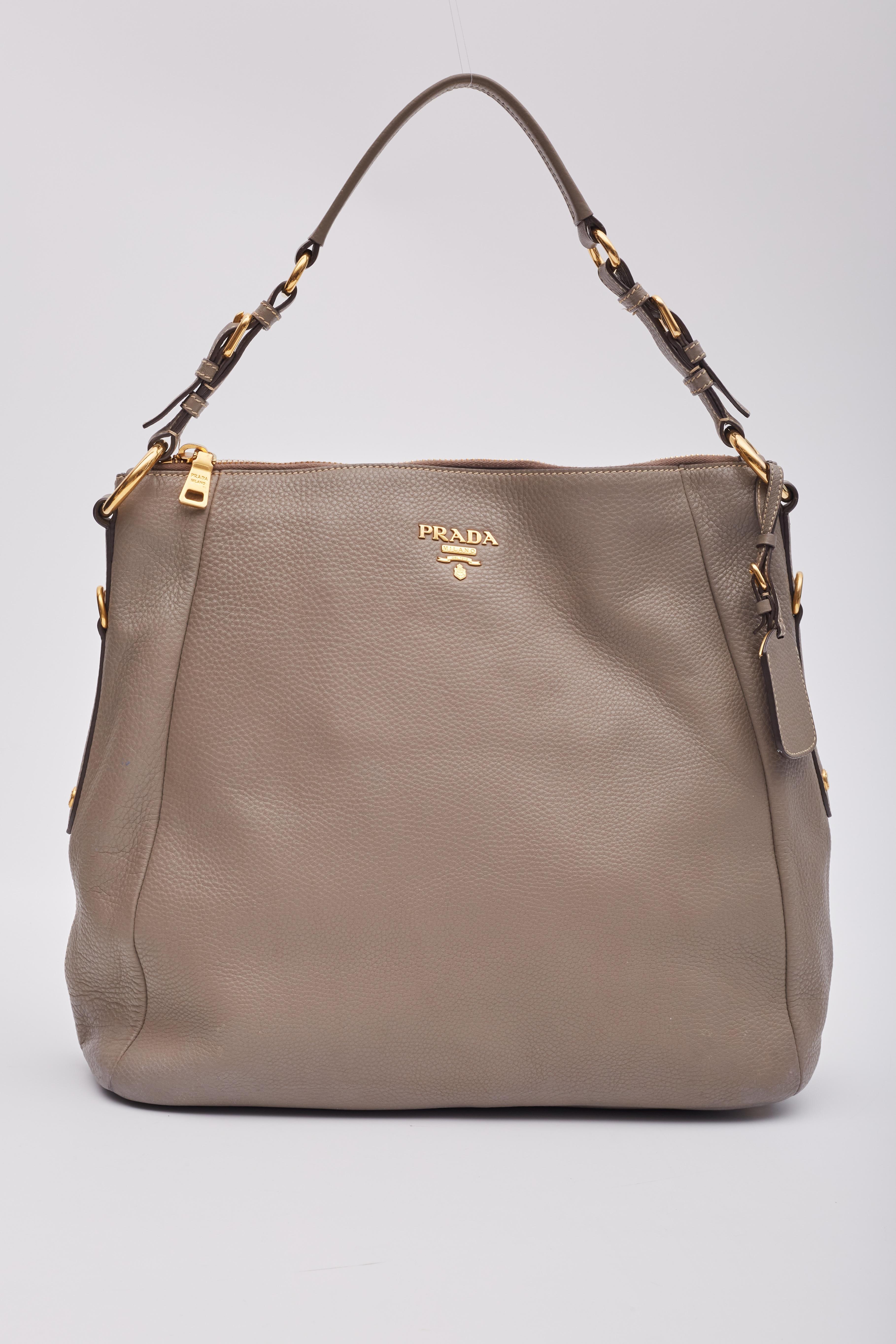 Women's Prada Grey Leather Vitello Daino Zip Hobo Bag