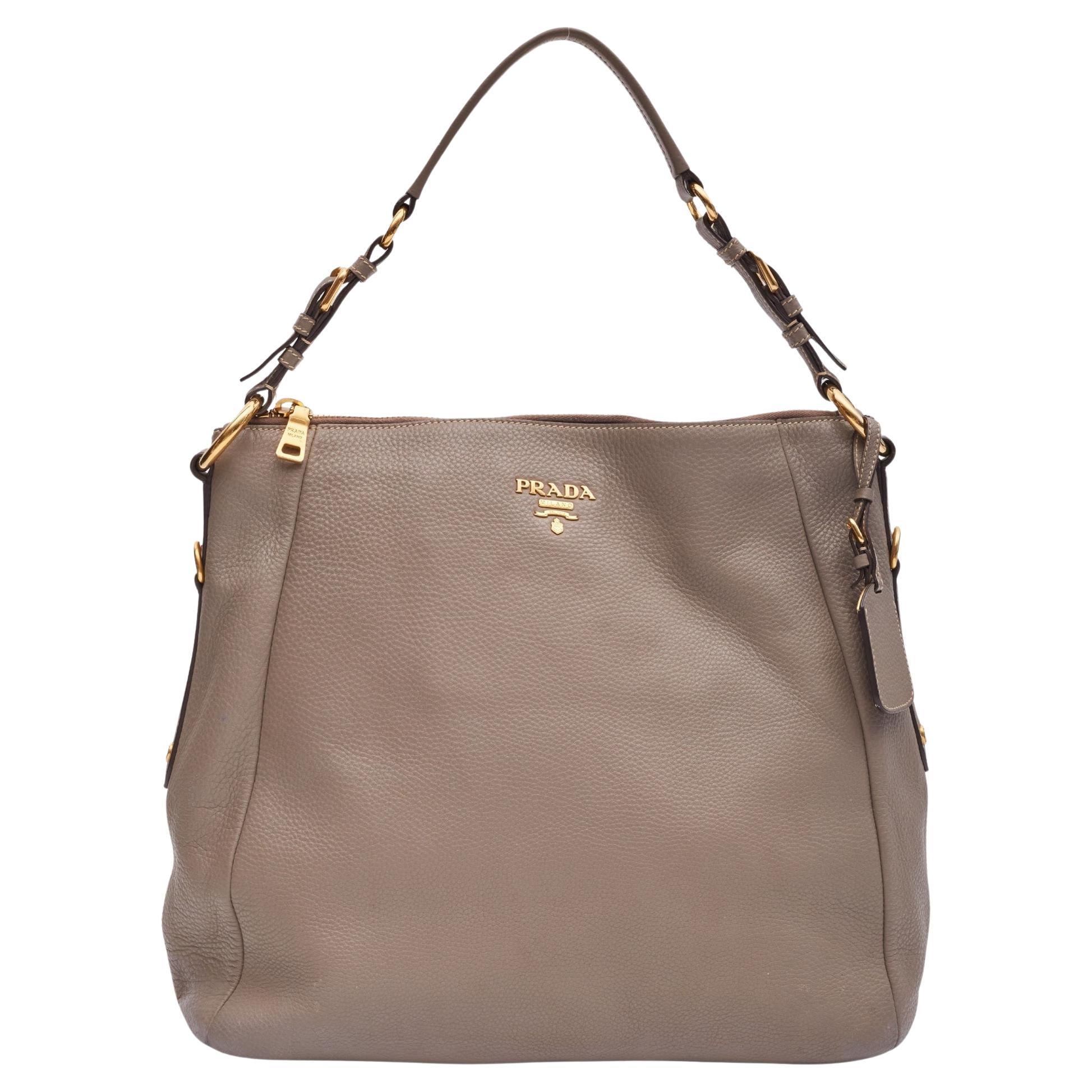 Prada Grey Leather Vitello Daino Zip Hobo Bag