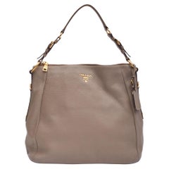 Prada Grey Leather Vitello Daino Zip Hobo Bag 