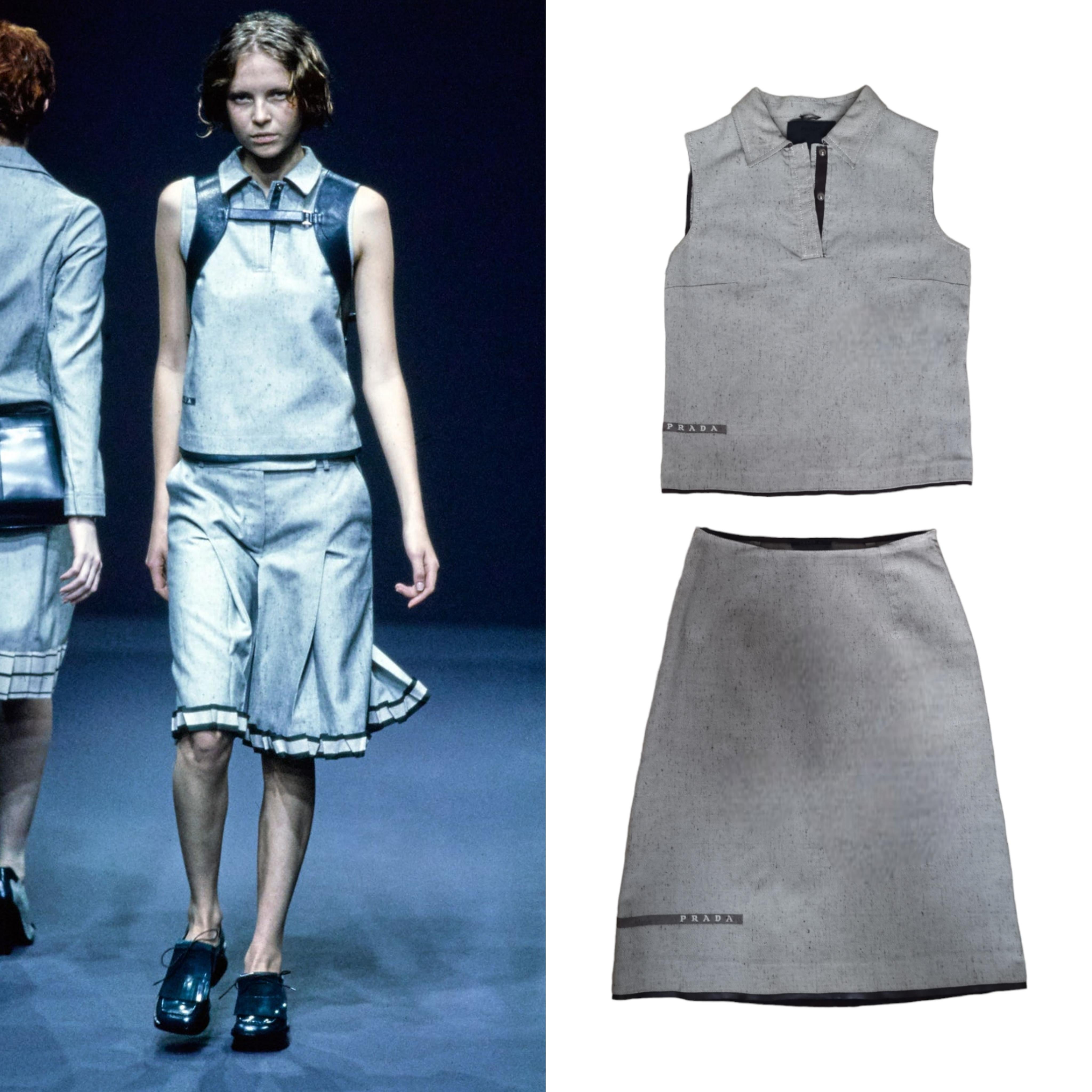  Grey linen skirt set from the Prada SS 1999 collection as featured in the show.

Leather trim

Snap button closure

Side zip of skirt and top

Size: Top: Size 40, skirt size 42 - no stretch size runs lower fits lower an XS

Material: Cotton,
