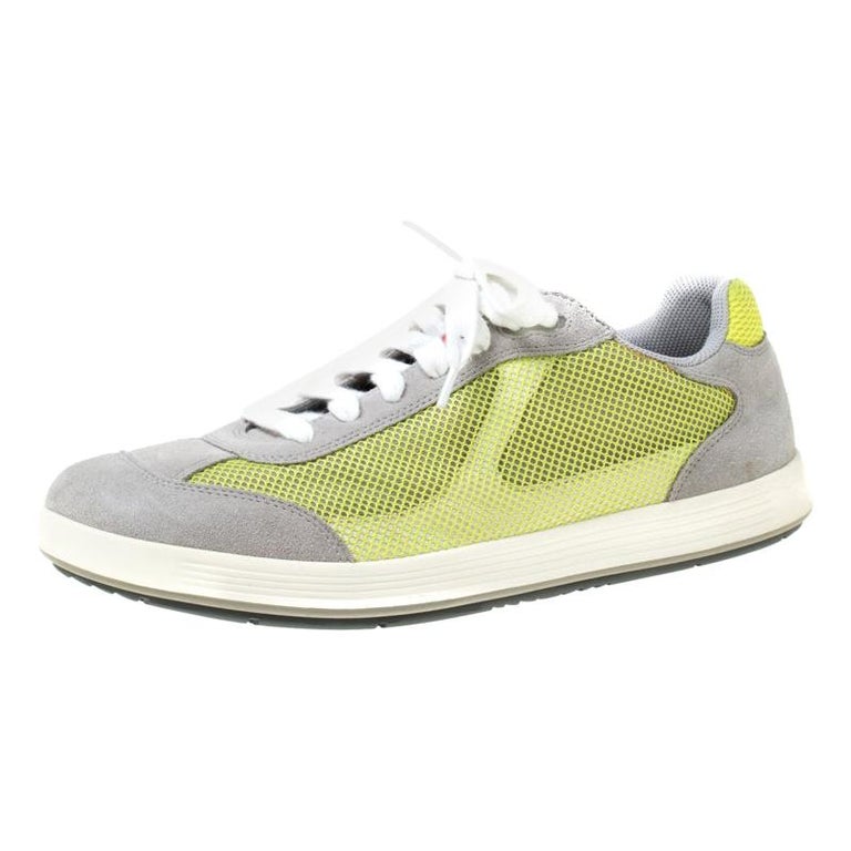 Prada Grey/Neon Green Suede and Mesh Lace Up Low Top Sneakers Size 43 For  Sale at 1stDibs