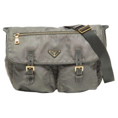 Used Prada Grey Nylon and Leather Buckle Messenger Bag