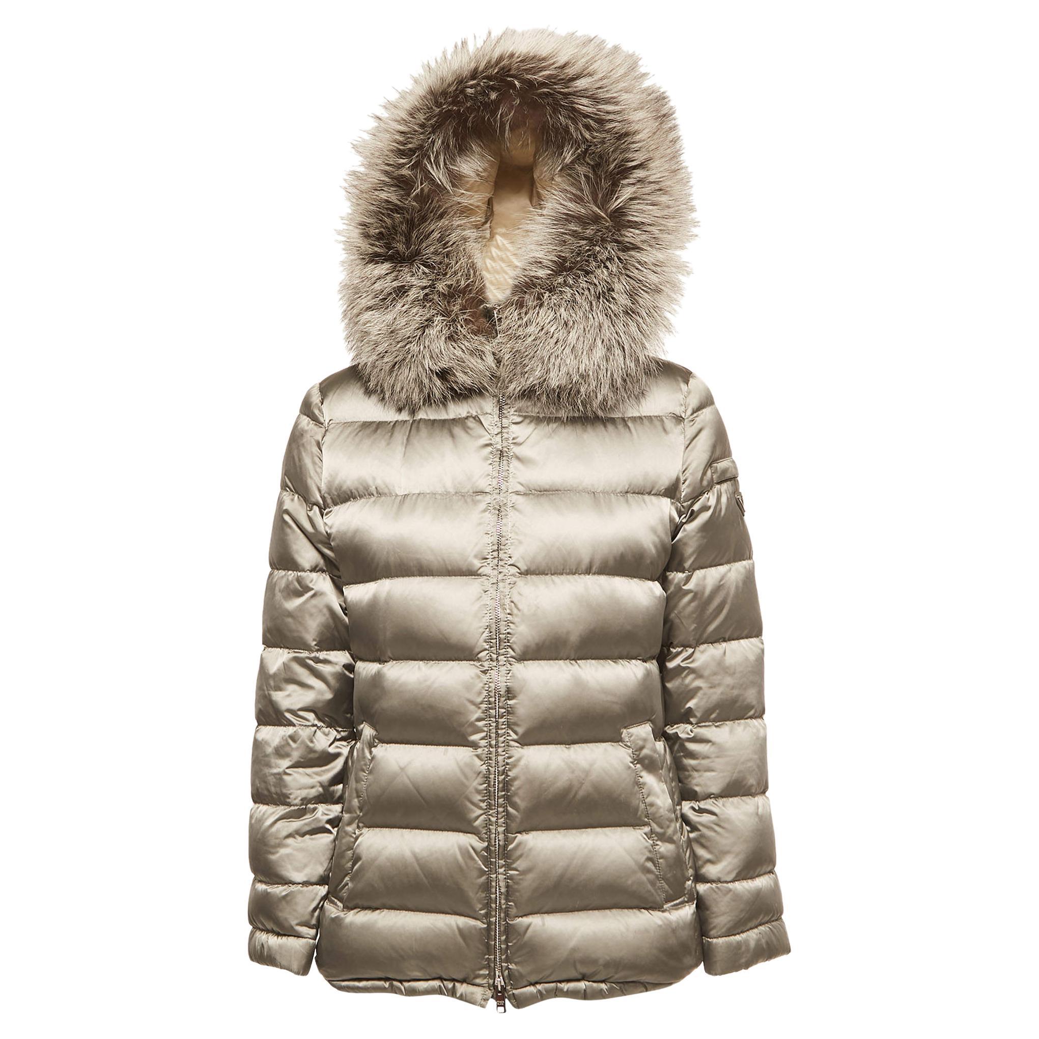 Prada Grey Nylon Fur Trimmed Hood Quilted Down Jacket 