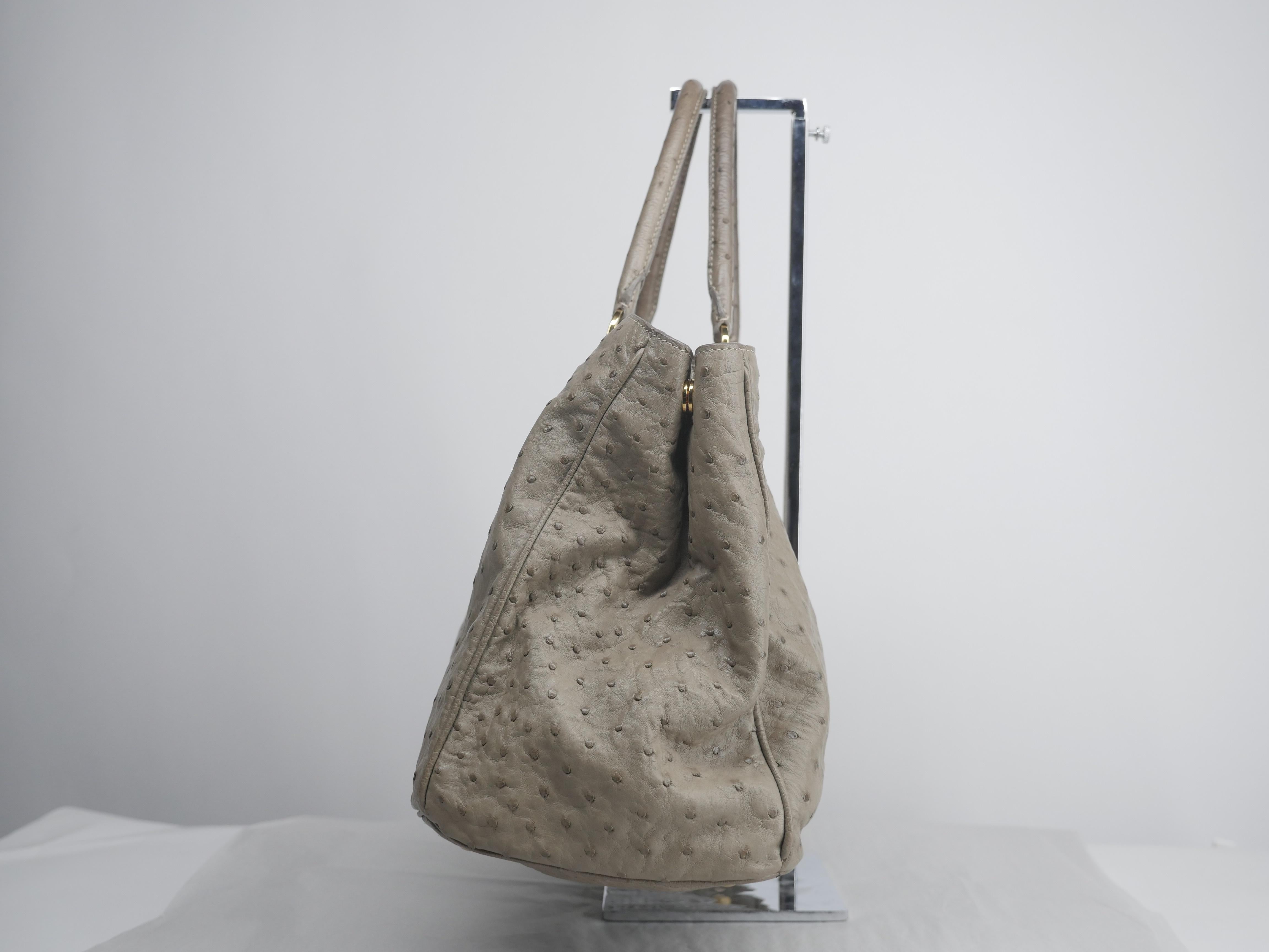 Prada Grey Ostrich Handle Bag In Good Condition In Bridgehampton, NY