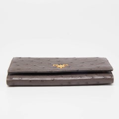 Prada Grey Ostrich Leather Logo Flap Continental Wallet