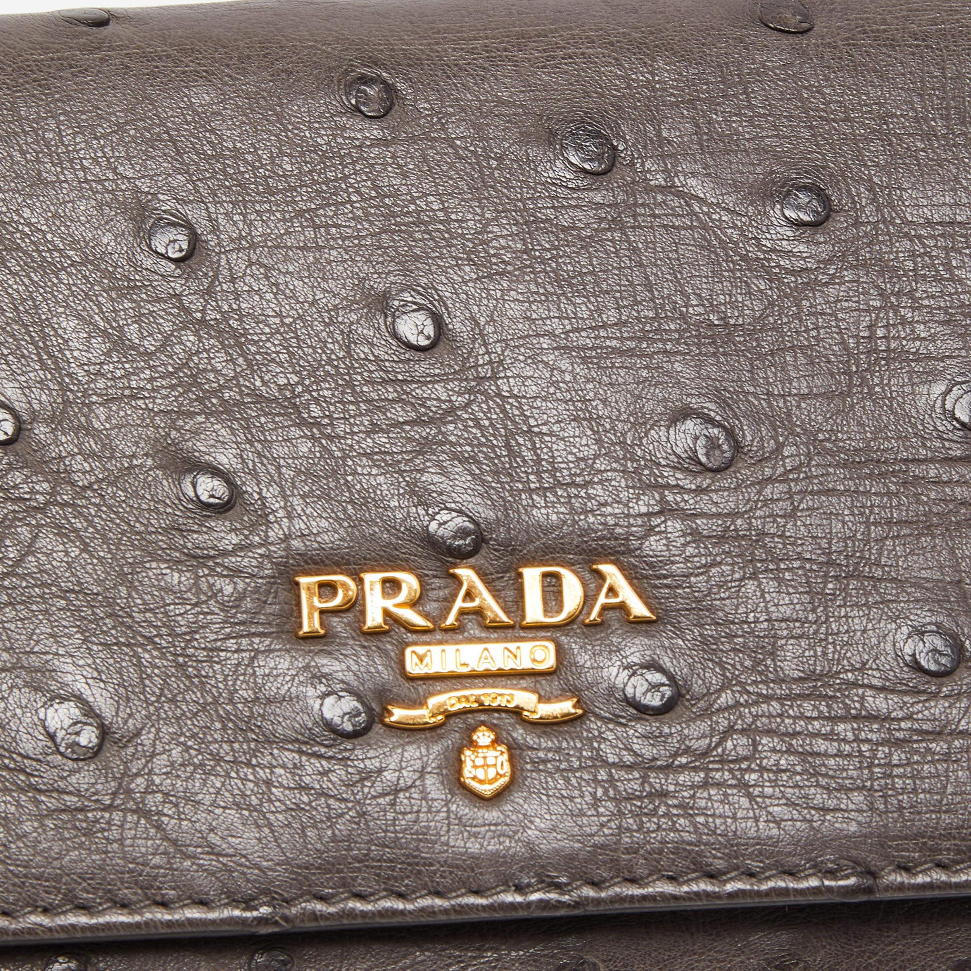 Prada Grey Ostrich Leather Logo Flap Continental Wallet In Good Condition In Dubai, Al Qouz 2