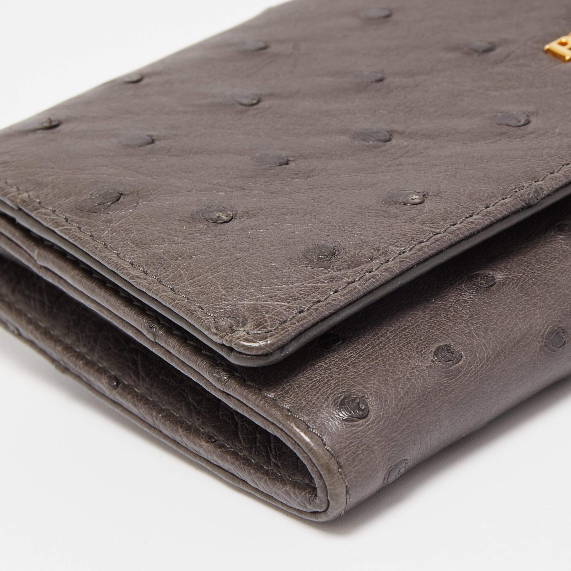 Women's Prada Grey Ostrich Leather Logo Flap Continental Wallet