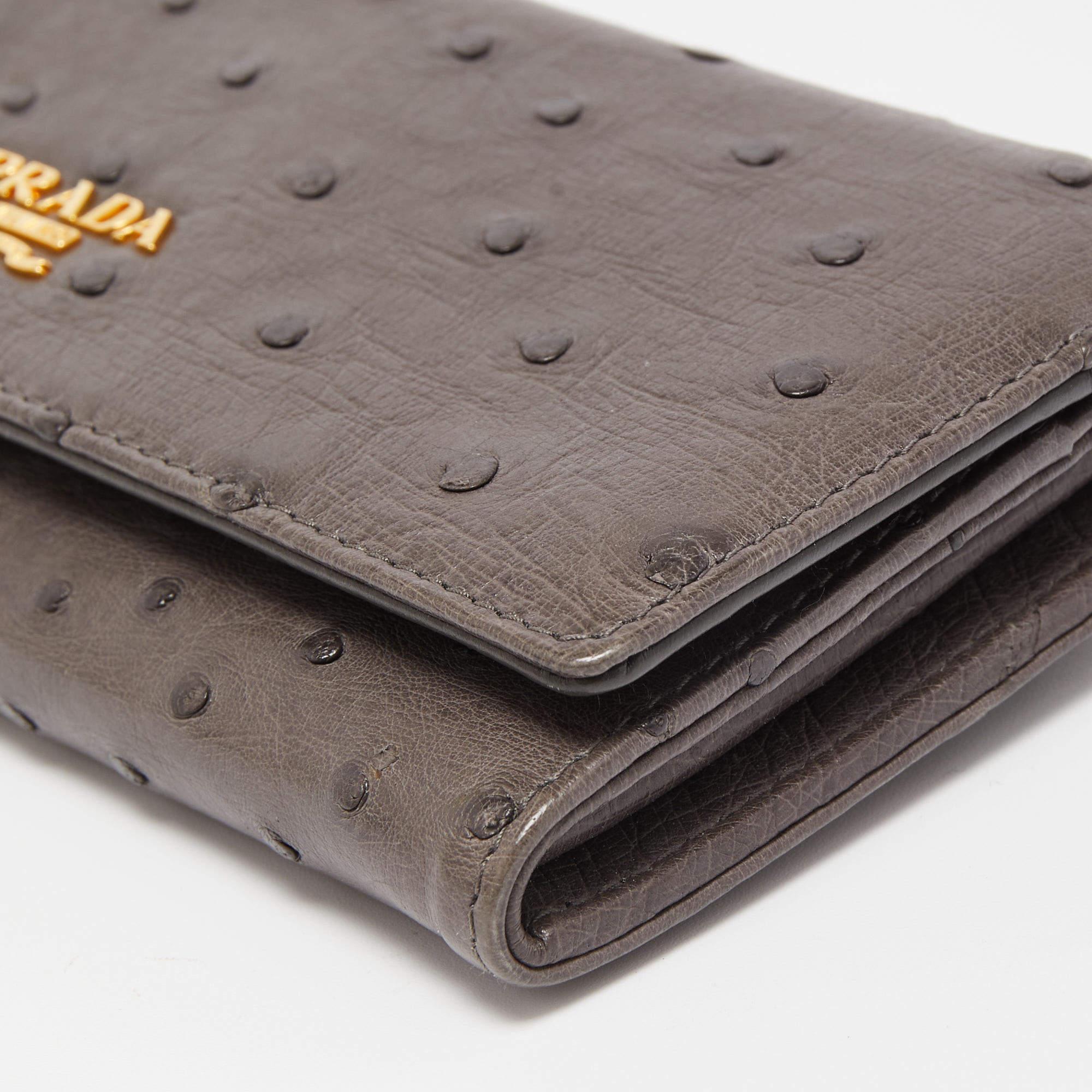 Prada Grey Ostrich Leather Logo Flap Continental Wallet 1
