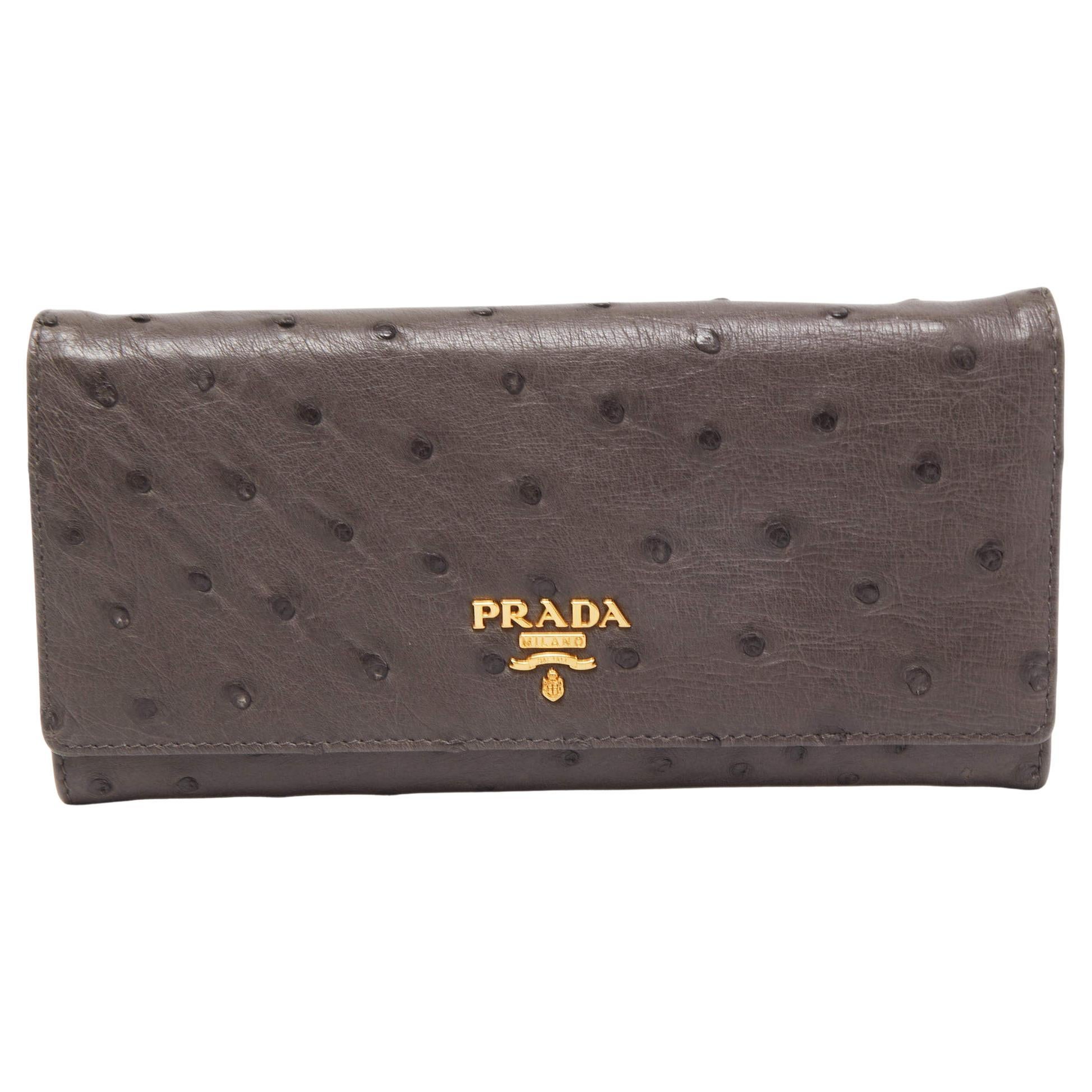 Prada Grey Ostrich Leather Logo Flap Continental Wallet