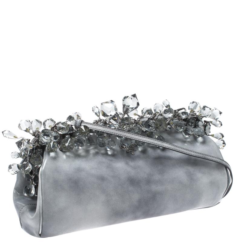 Prada Grey Patent Leather Crystal Encrusted Chain Clutch 4
