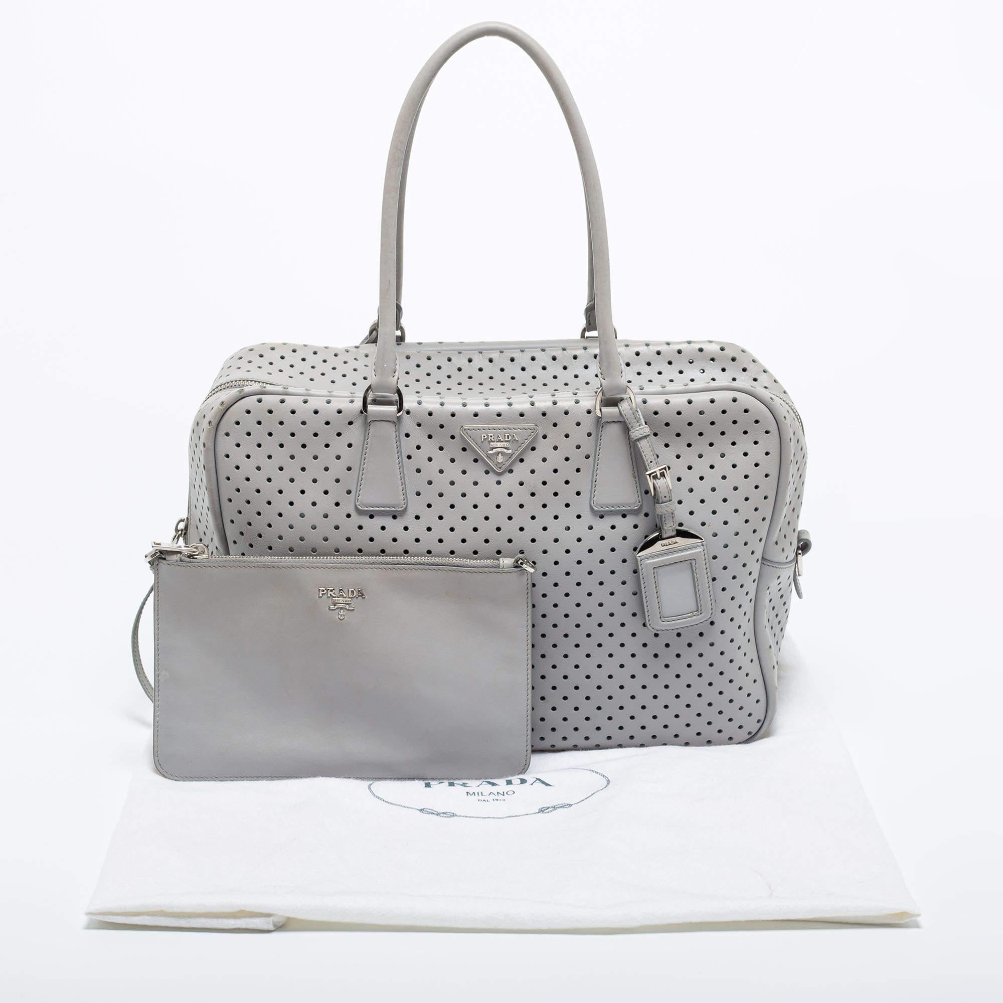 Prada Grey Perforated Leather Boston Bag 6