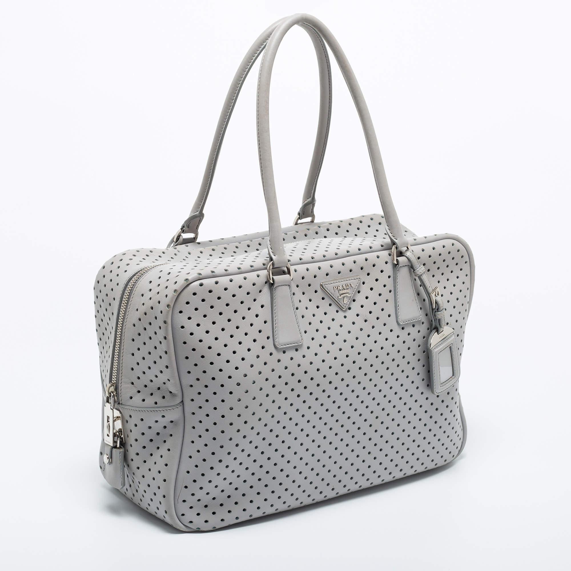 Women's Prada Grey Perforated Leather Boston Bag