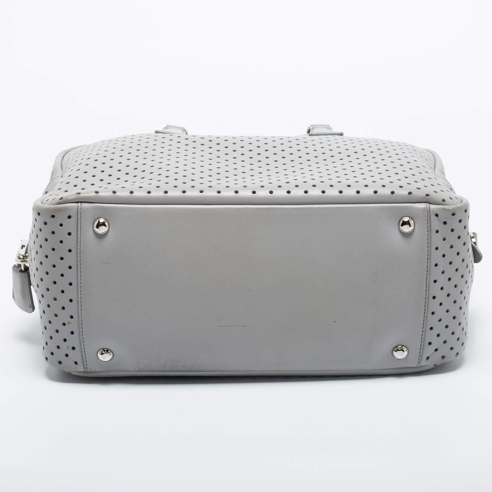 Prada Grey Perforated Leather Boston Bag 1