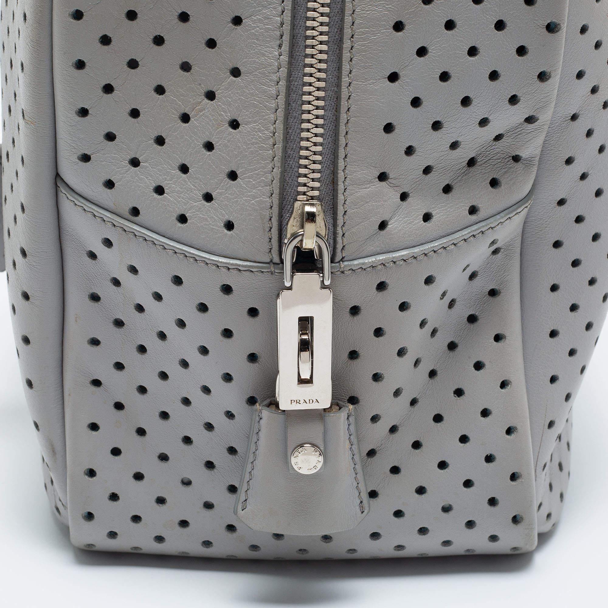 Prada Grey Perforated Leather Boston Bag 3