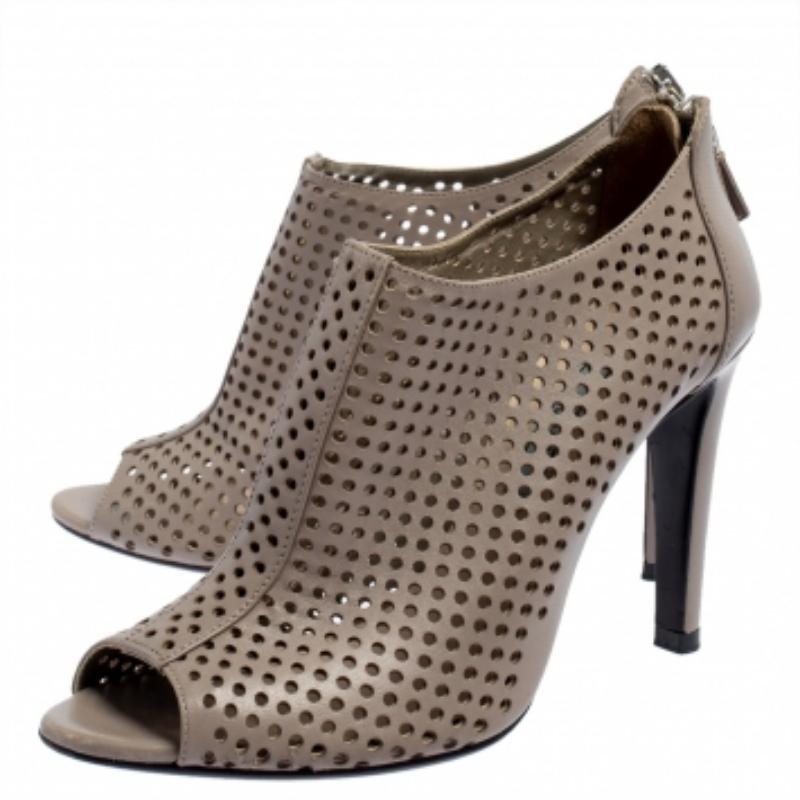 Gray Prada Grey Perforated Leather Open Toe Booties Size 36.5 For Sale