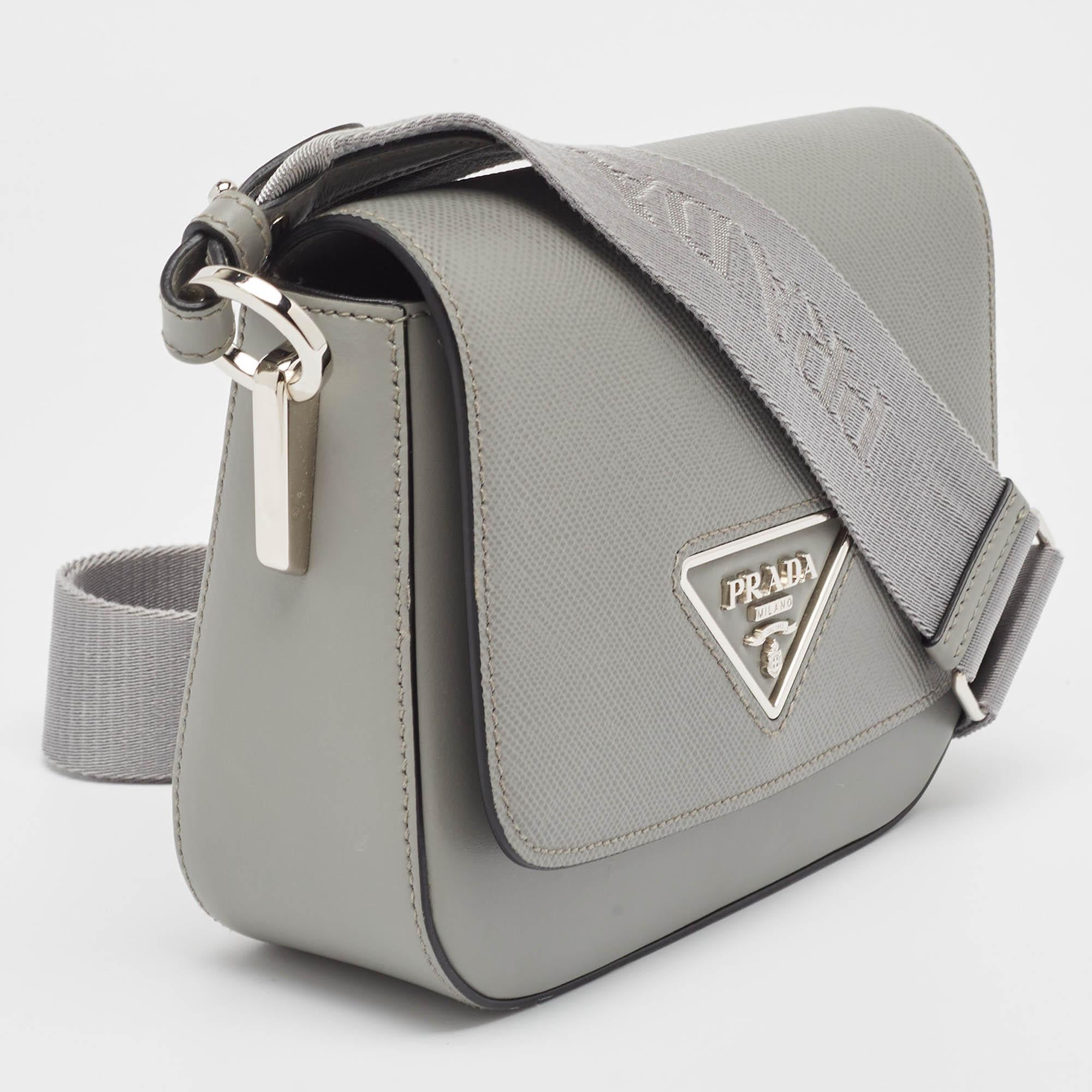 Women's Prada Grey Saffiano Cuir and City Leather Identity Shoulder Bag For Sale