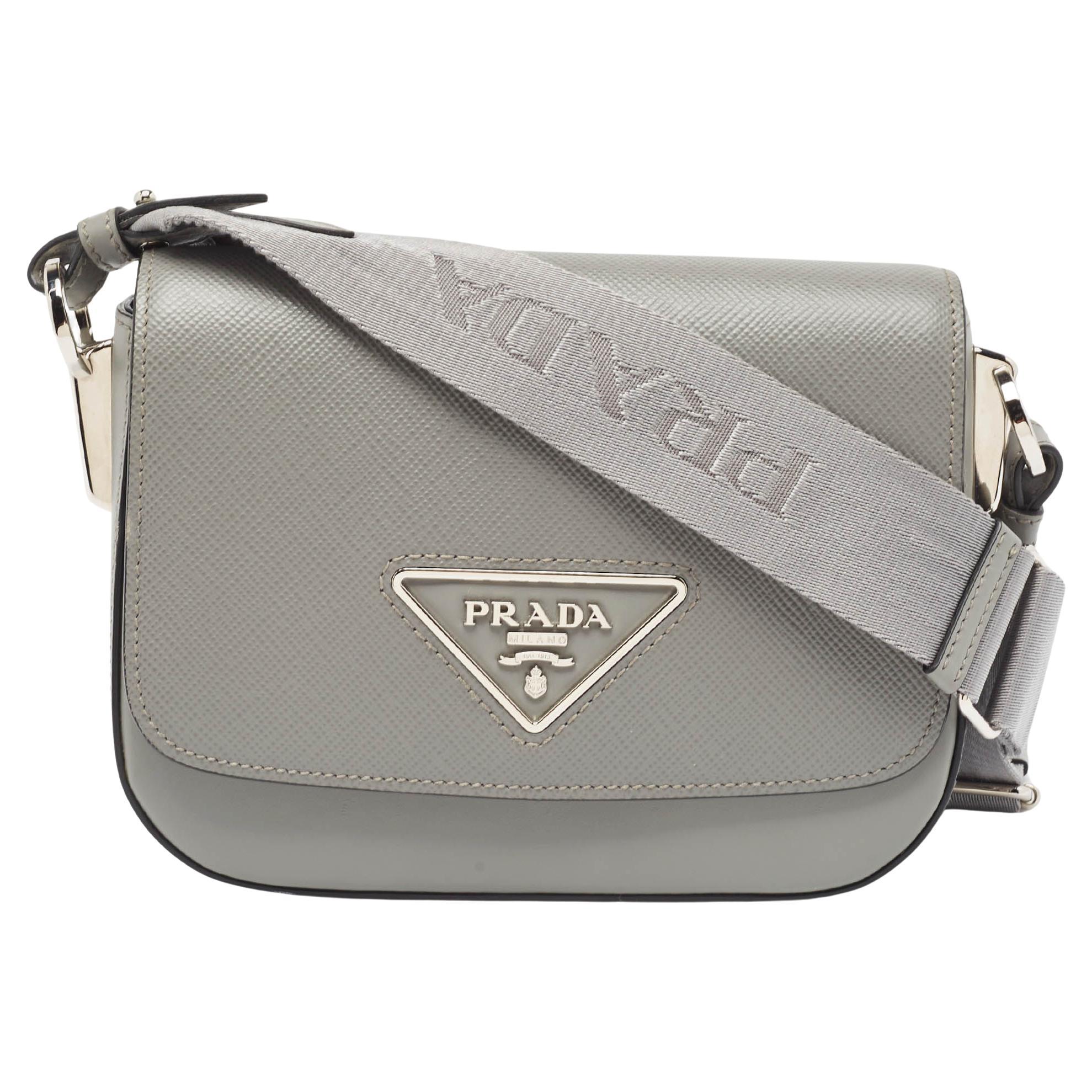 Prada Grey Saffiano Cuir and City Leather Identity Shoulder Bag For Sale