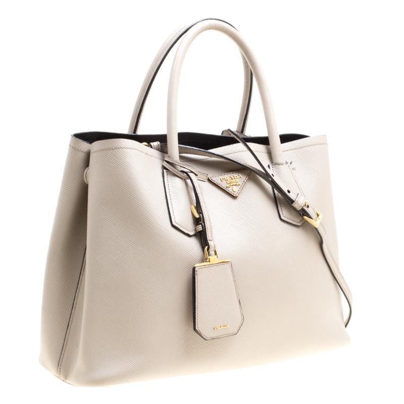 Beige Prada Grey Saffiano Cuir Leather Double Top Handle Bag