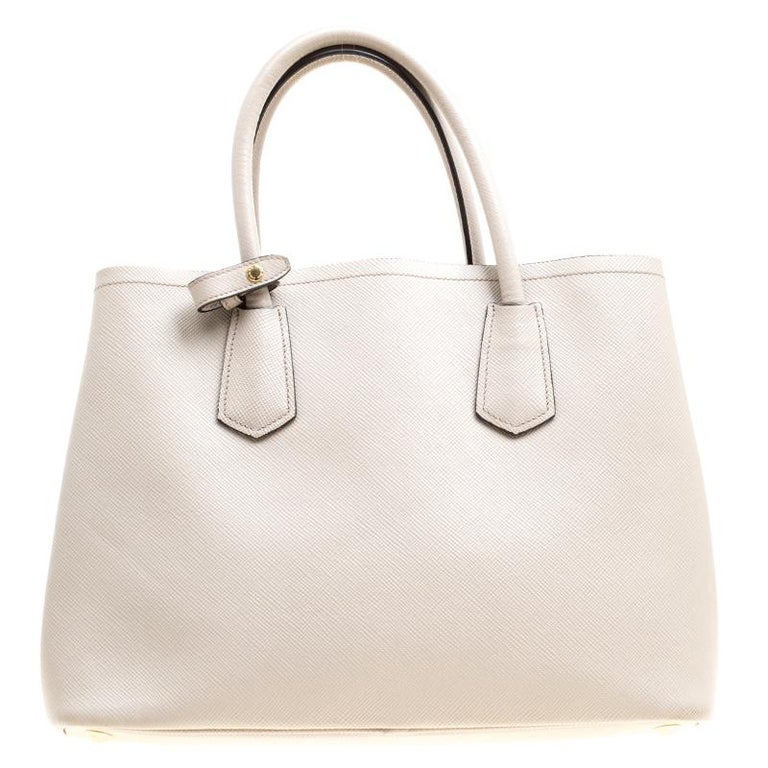 Prada Grey Saffiano Cuir Leather Double Top Handle Bag For Sale at 1stDibs