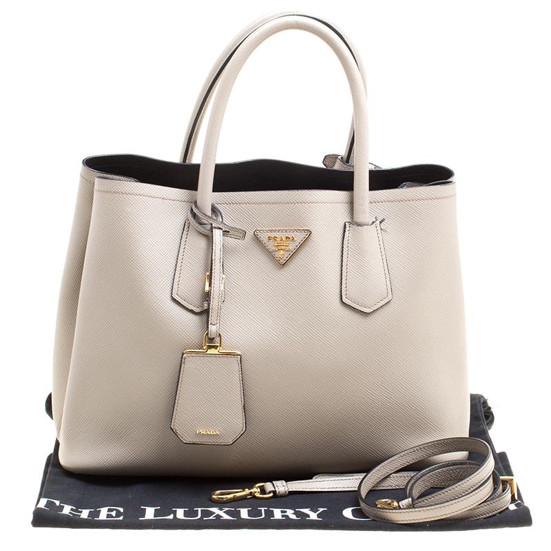 Prada Grey Saffiano Cuir Leather Double Top Handle Bag 4