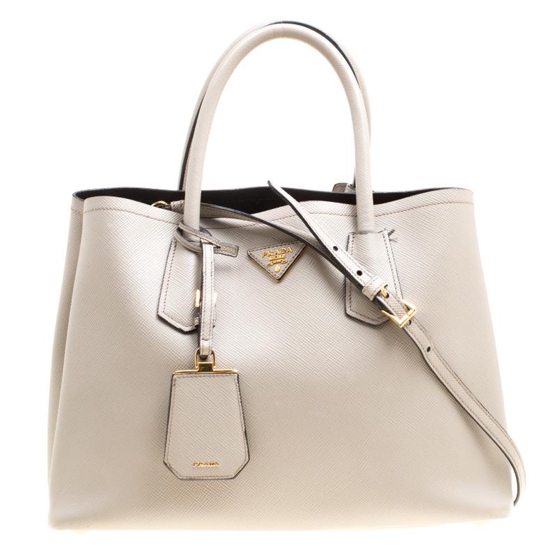 Prada Grey Saffiano Cuir Leather Double Top Handle Bag