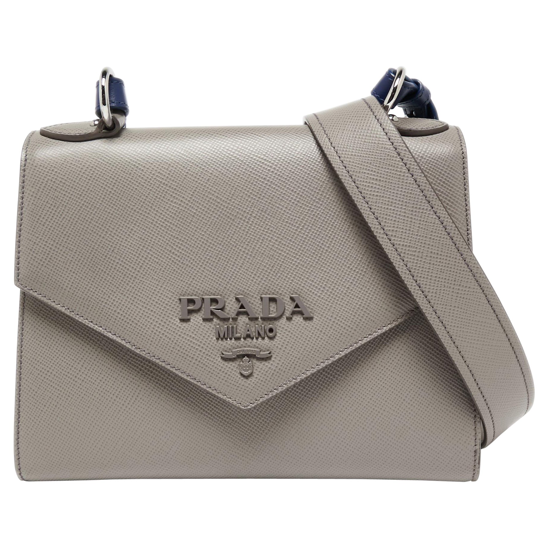 Prada Grey Saffiano Cuir Leather Envelope Flap Shoulder Bag