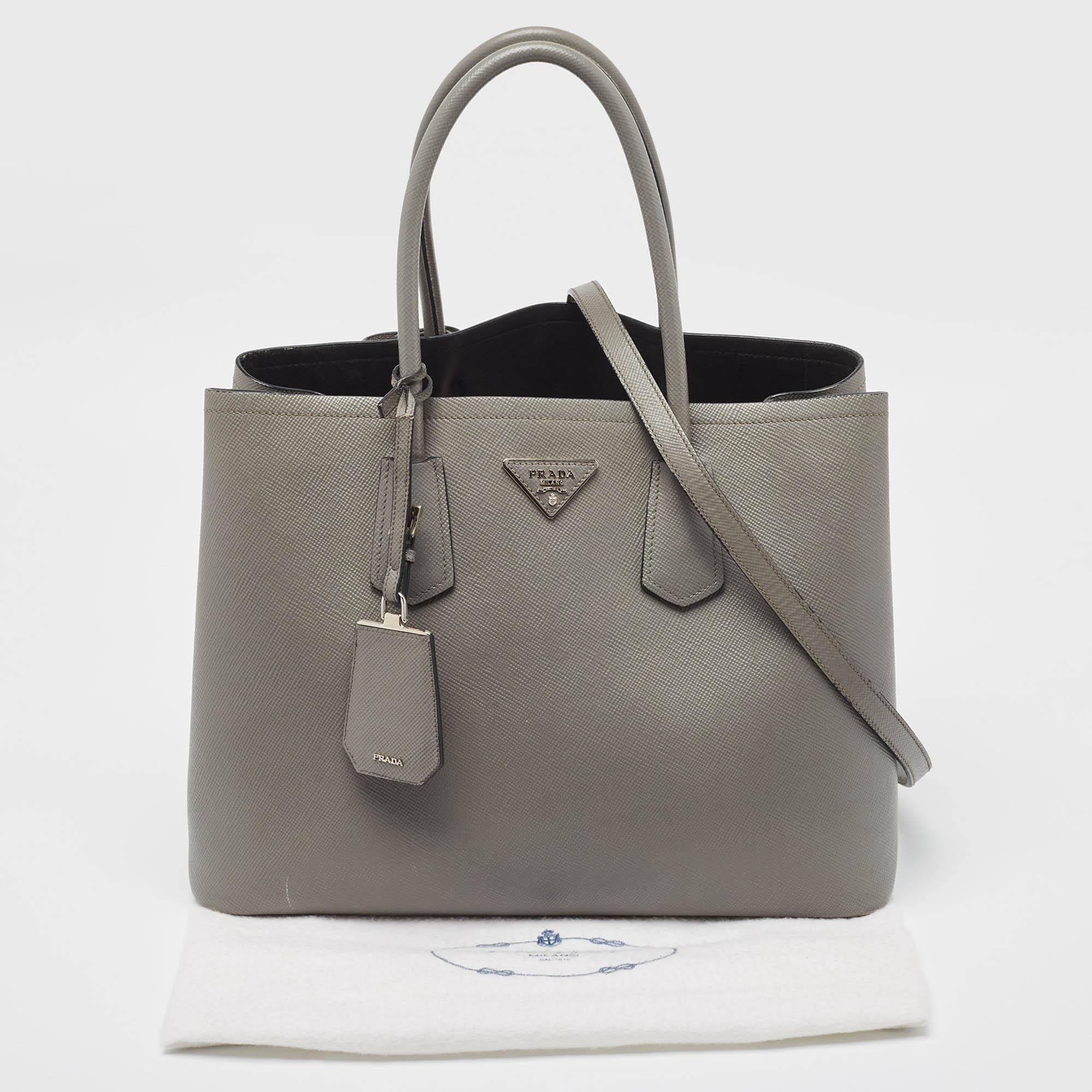 Prada Grey Saffiano Cuir Leather Large Double Handle Tote For Sale 15