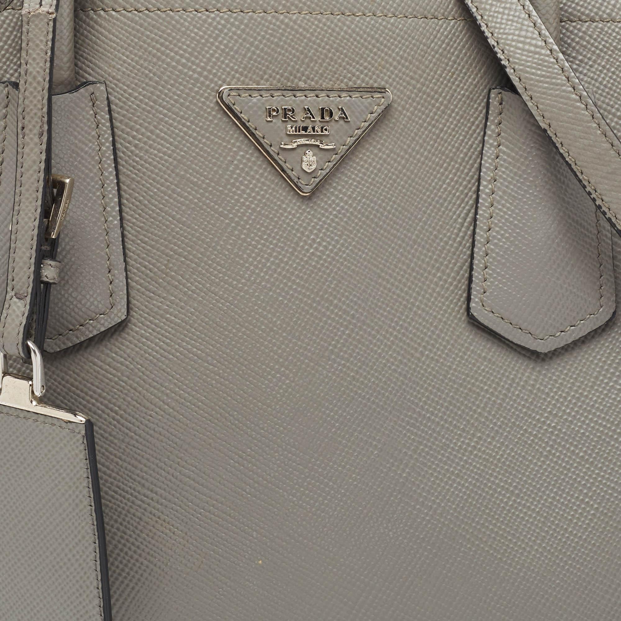 Prada Grey Saffiano Cuir Leather Large Double Handle Tote For Sale 1