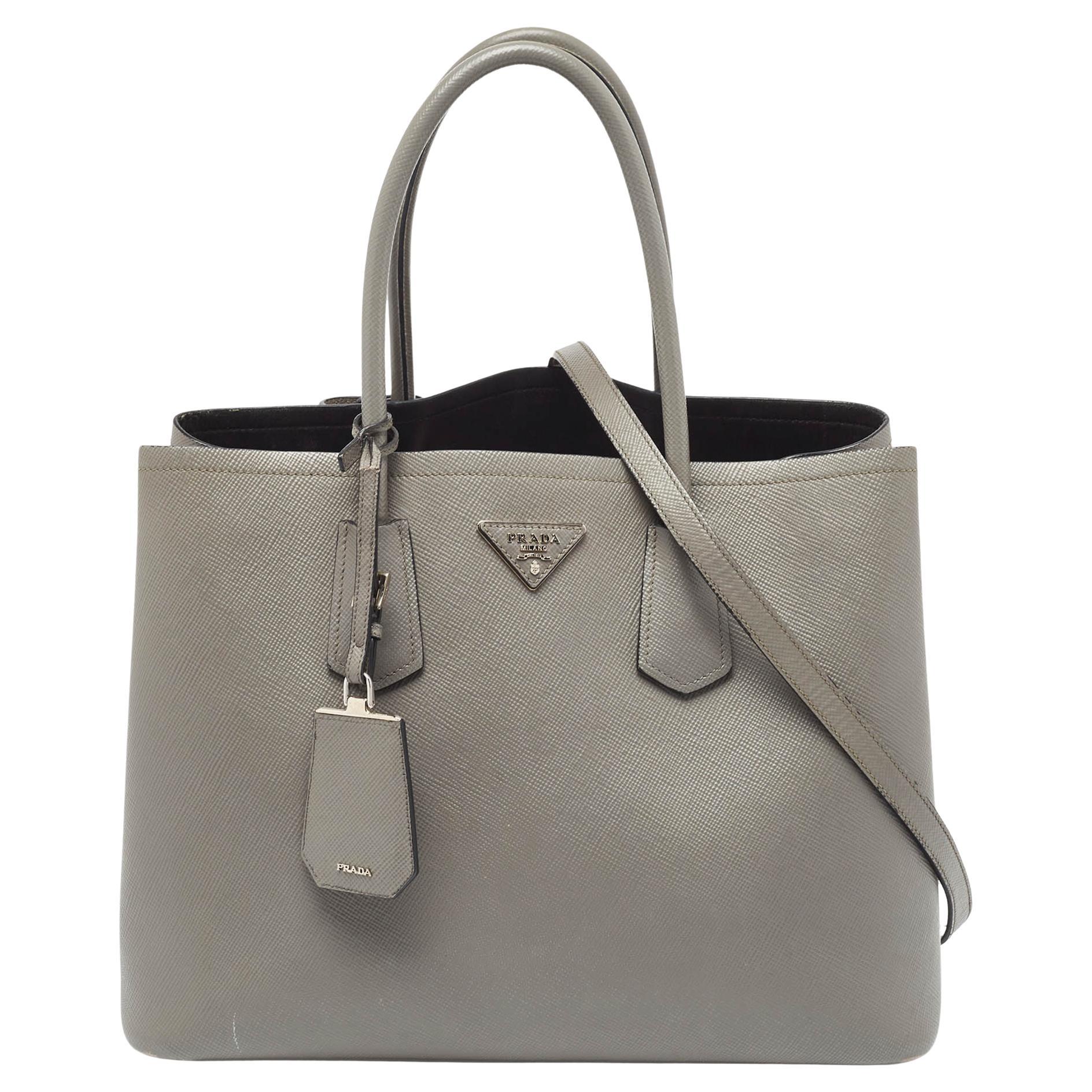 Prada Grey Saffiano Cuir Leather Large Double Handle Tote For Sale