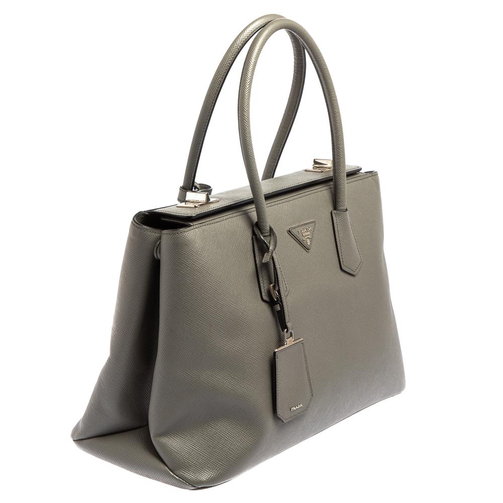 Gray Prada Grey Saffiano Cuir Leather Large Twin Tote