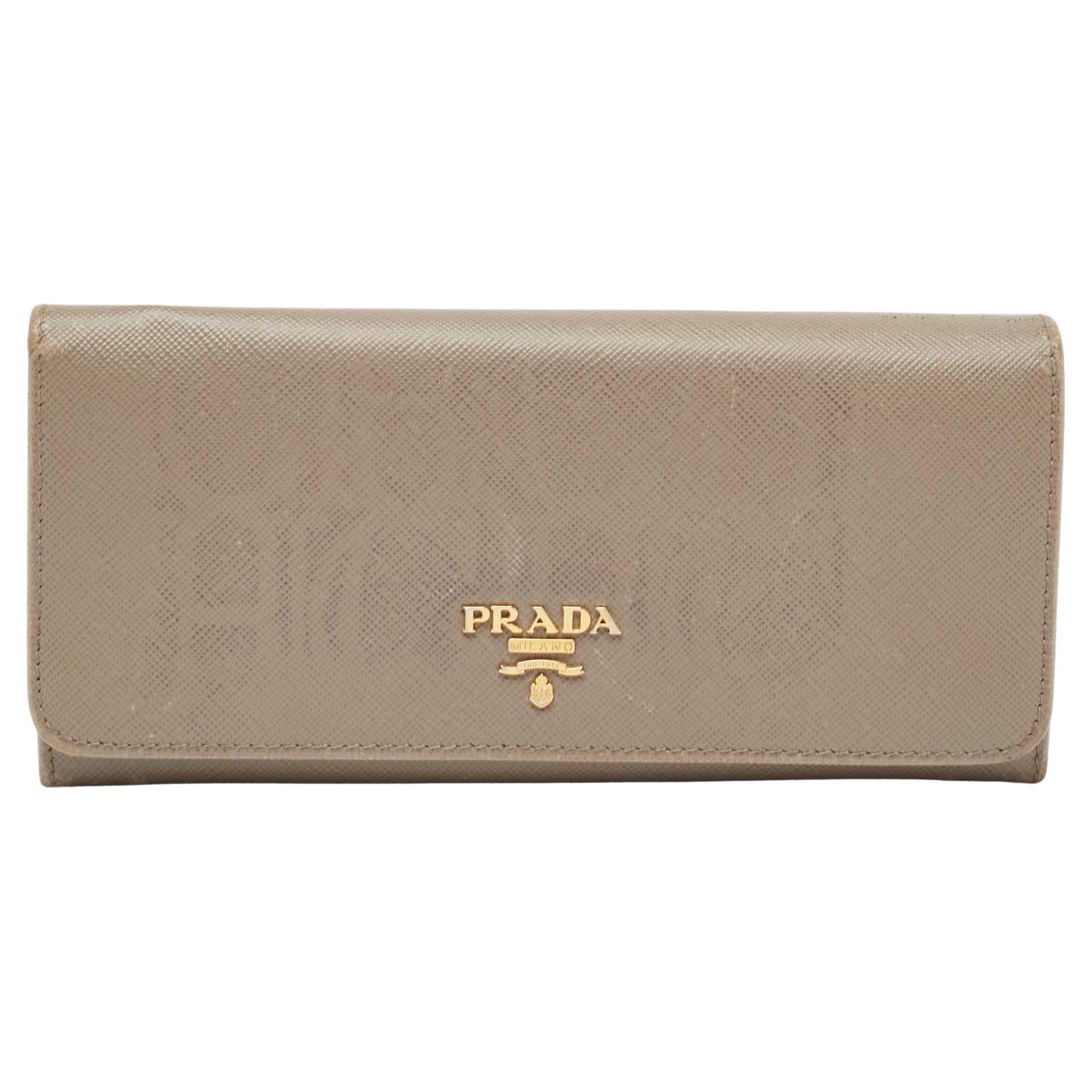 Prada Grey Saffiano Leather Flap Continental Wallet For Sale