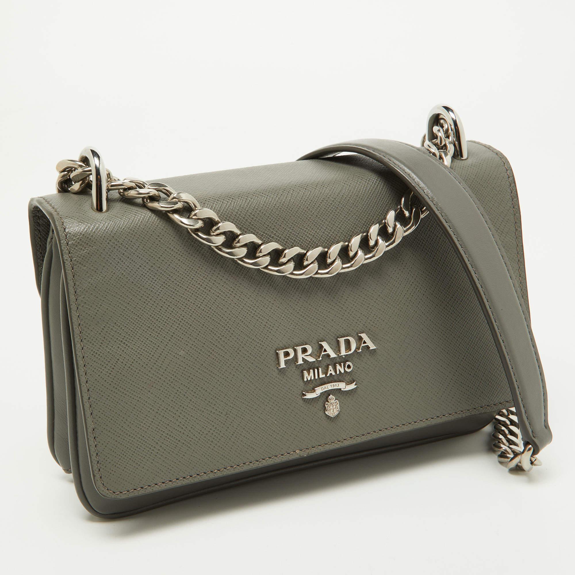 Women's Prada Grey Saffiano Leather Flap Crossbody Bag