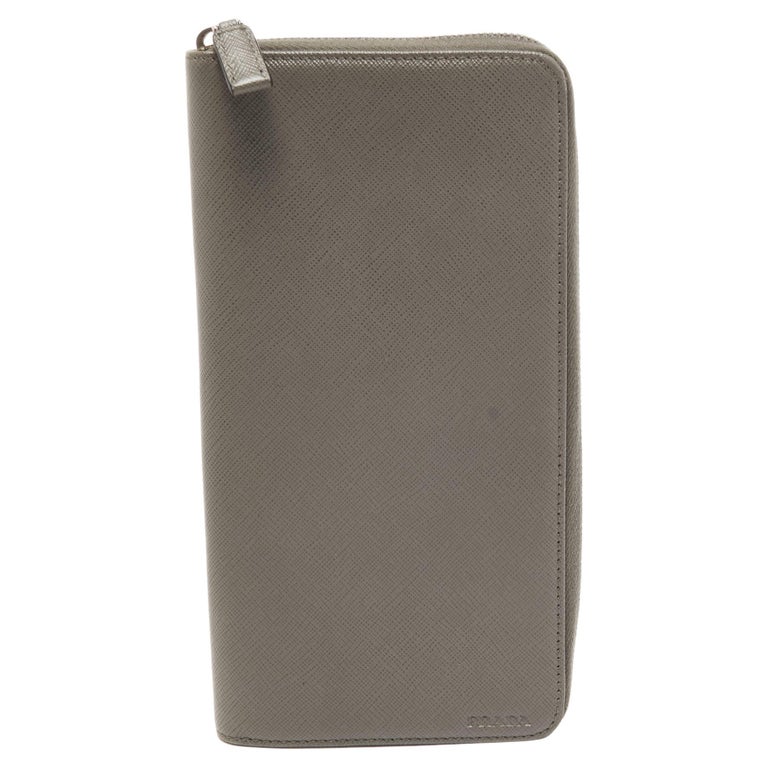 Prada Grey Saffiano Leather Organiser Zip Clutch For Sale at 1stDibs