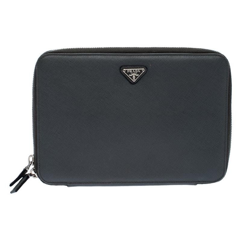 Prada Grey Saffiano Leather Small Zip Around Portfolio