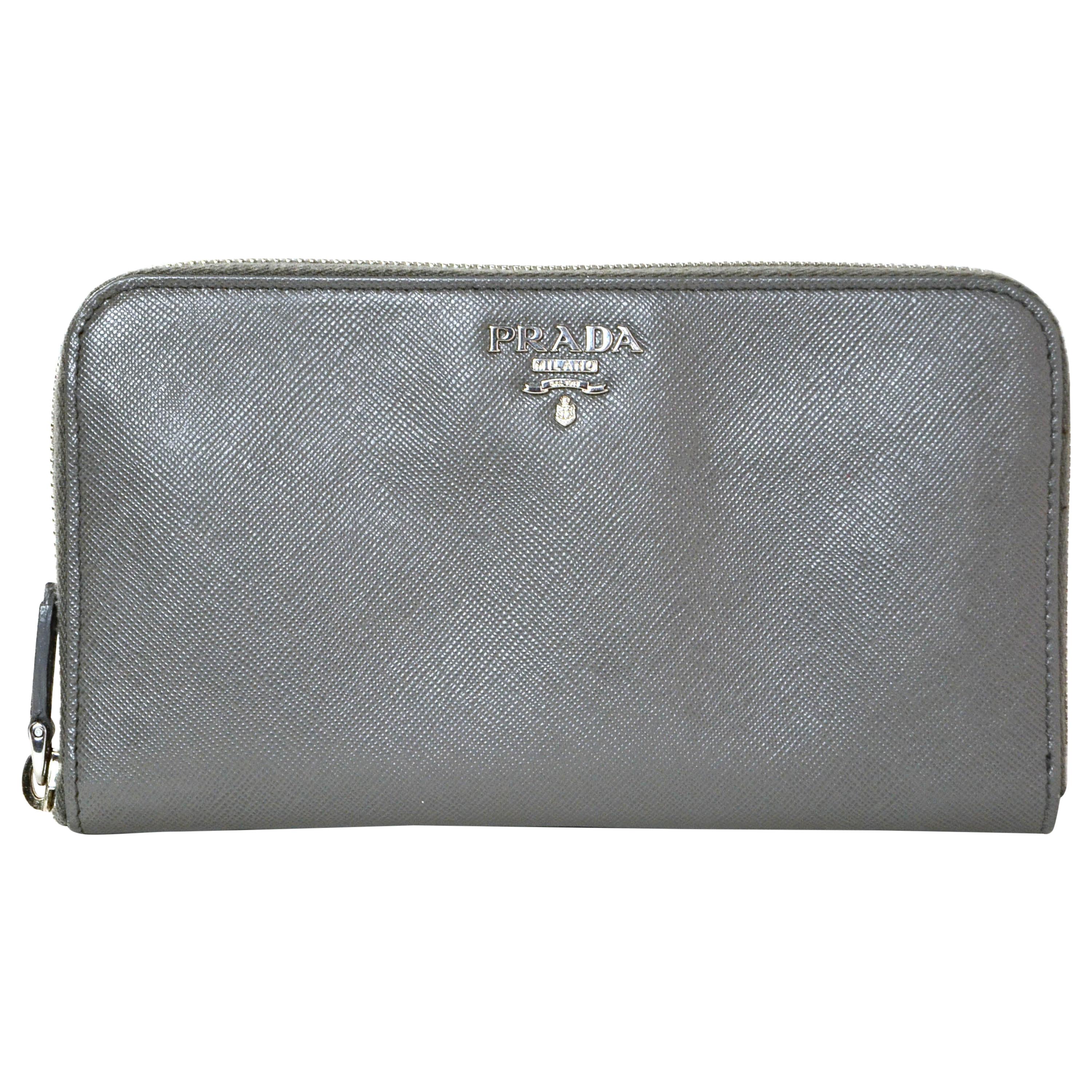 Prada Grey Saffiano Leather Zip Around Wallet