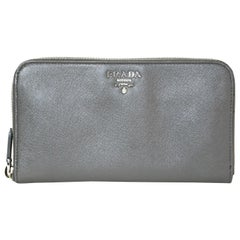 Prada Grey Saffiano Leather Zip Around Wallet