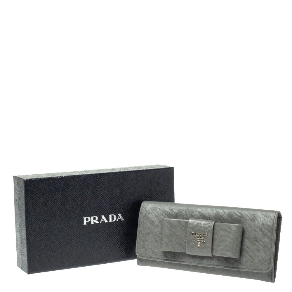 Prada Grey Saffiano Lux Leather Bow Continental Wallet 5