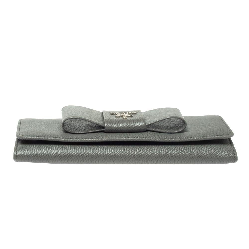Gray Prada Grey Saffiano Lux Leather Bow Continental Wallet
