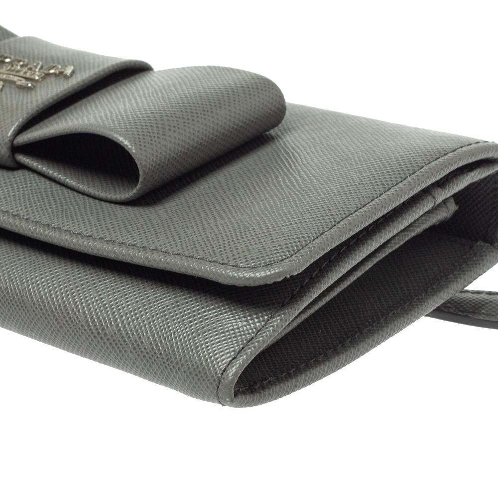 Prada Grey Saffiano Lux Leather Bow Continental Wallet 2