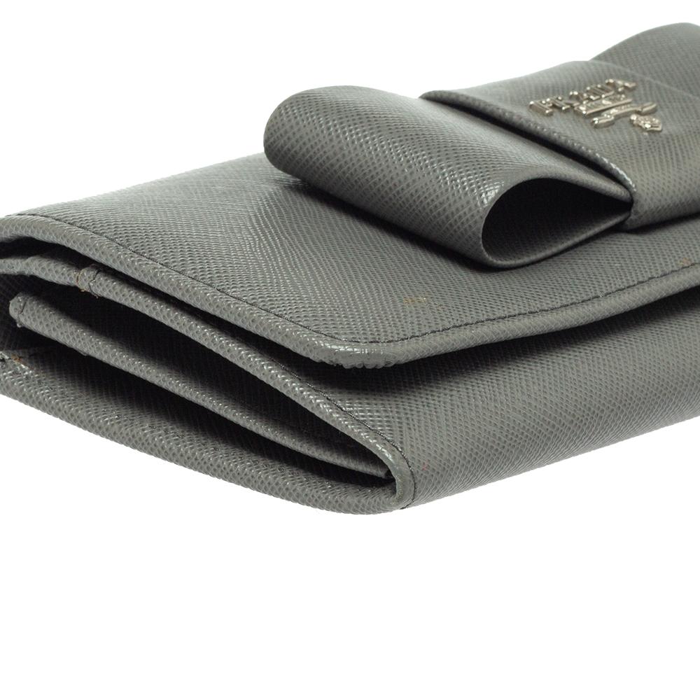 Prada Grey Saffiano Lux Leather Bow Continental Wallet 3