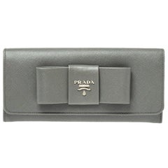 Prada Grey Saffiano Lux Leather Bow Continental Wallet