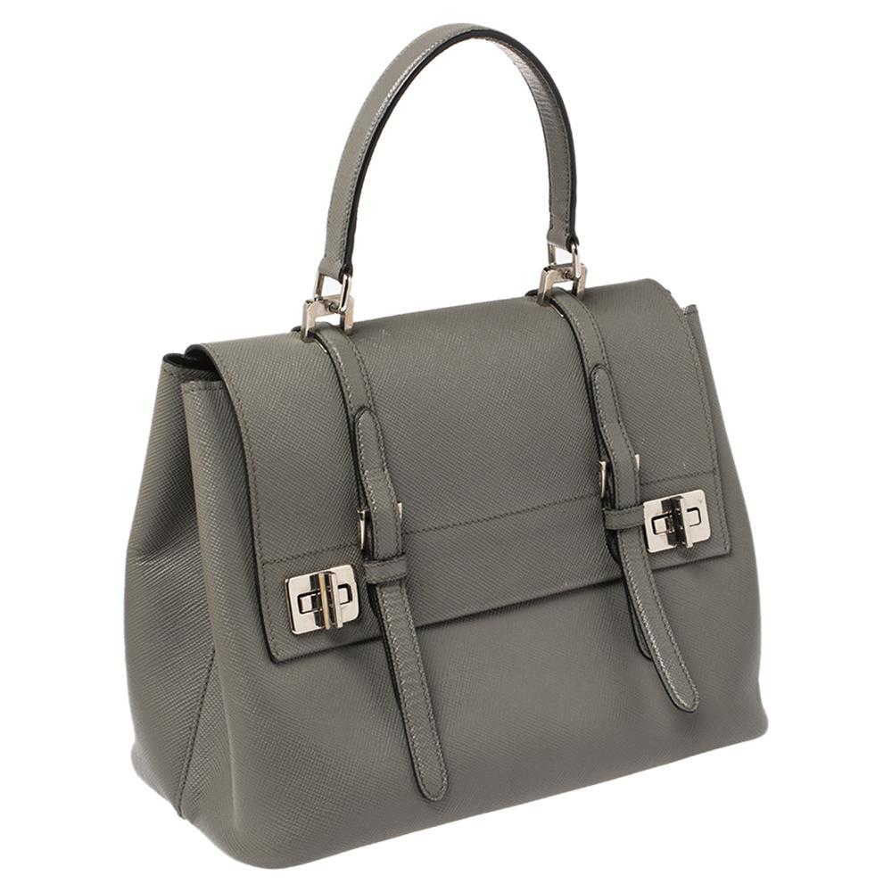 Gray Prada Grey Saffiano Lux Leather Double Turn Lock Top Handle Bag