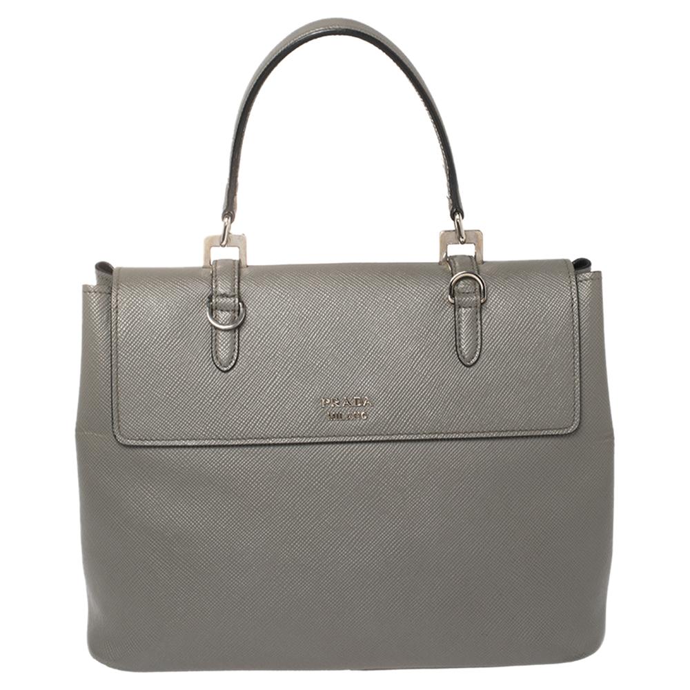 Prada Grey Saffiano Lux Leather Double Turn Lock Top Handle Bag In Good Condition In Dubai, Al Qouz 2