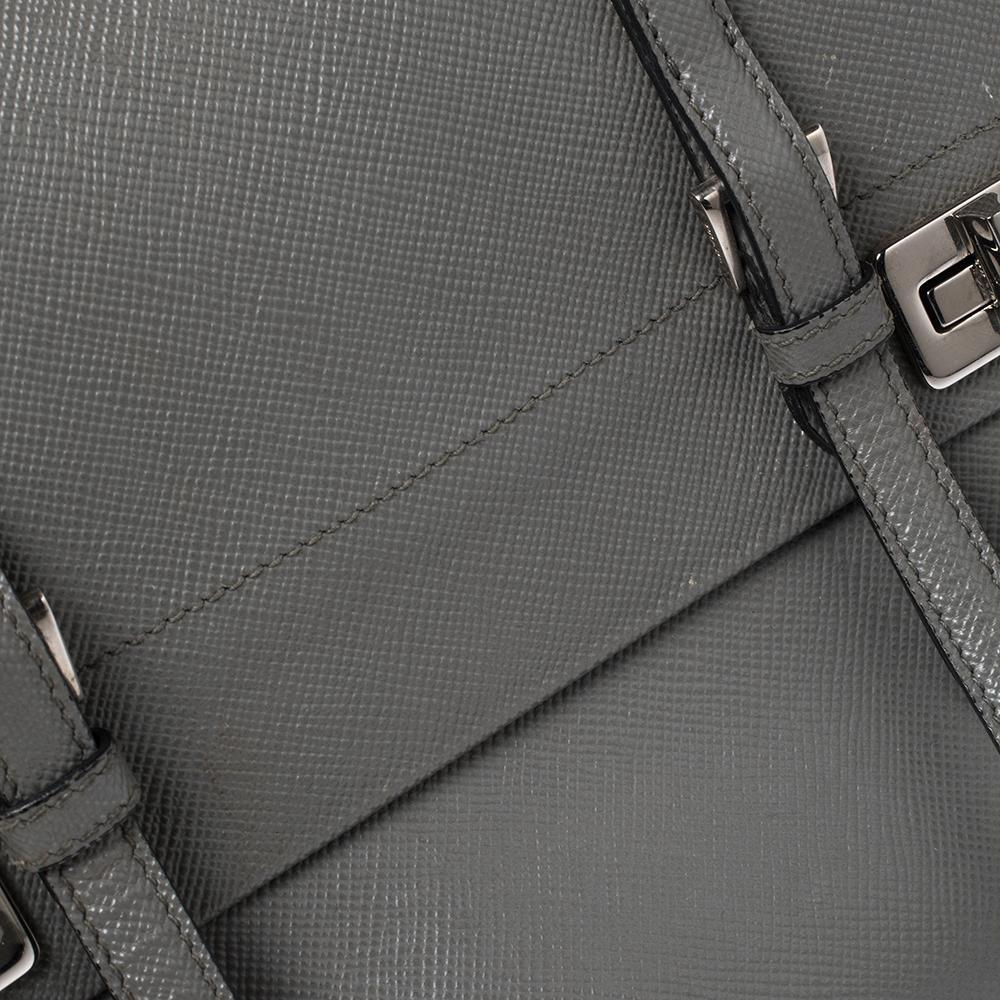 Women's Prada Grey Saffiano Lux Leather Double Turn Lock Top Handle Bag